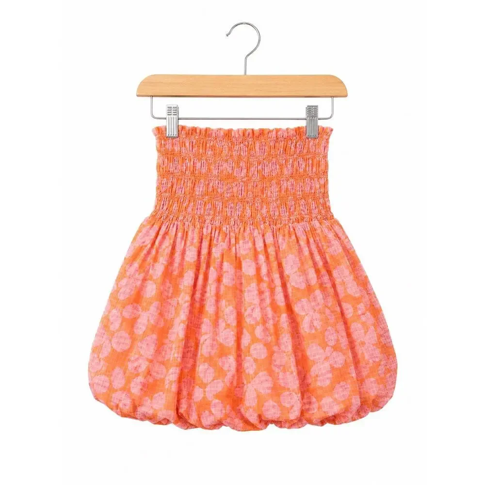 Free People Annalise Mini Dress Bubble Hem Smocked Strapless Peach Pink Coastal